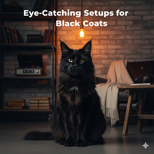 Mèo Maine Coon đen ngồi trong không gian retro–industrial với ánh đèn vàng và tường gạch