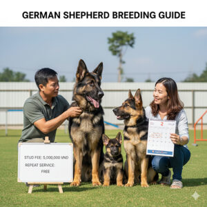 Ảnh phối giống chó Becgie Đức với cặp Becgie trưởng thành, chó con và bảng thông tin giá phối giống, minh họa cho hướng dẫn chọn đực giống và canh ngày vàng.