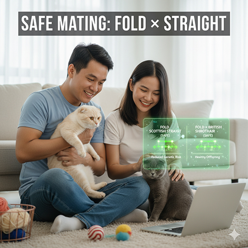 Cặp đôi trẻ ngồi trên sàn chơi cùng hai chú mèo Scottish Fold và Scottish Straight, minh họa phối giống an toàn giữa mèo tai cụp và tai thẳng để giảm rủi ro di truyền