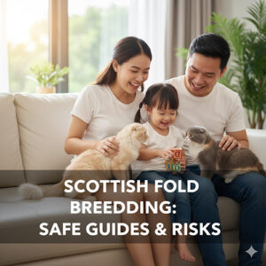 Gia đình vui vẻ cùng hai chú mèo tai cụp trên ghế sofa, minh họa bài viết về hướng dẫn phối giống mèo Scottish Fold an toàn và tránh rủi ro