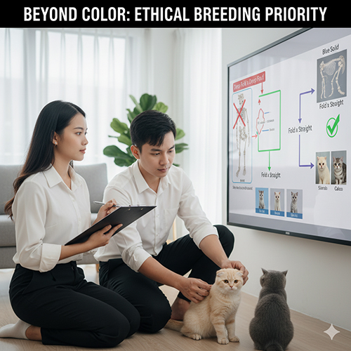 Cặp đôi trẻ thảo luận về phối giống mèo Scottish Fold trước màn hình hiển thị sơ đồ di truyền màu lông và nguyên tắc Fold × Straight an toàn