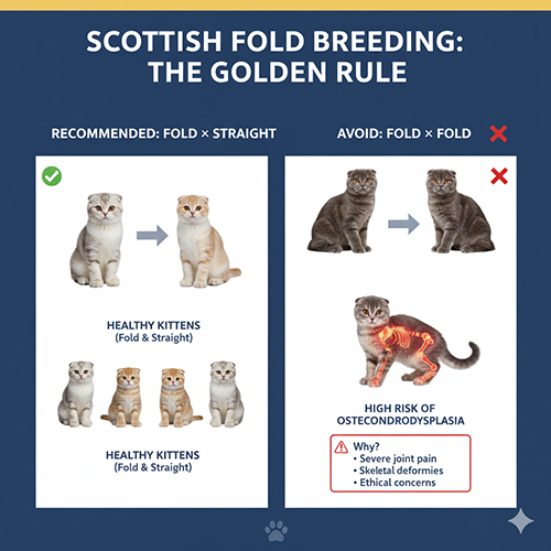 Biểu đồ minh họa nguyên tắc phối giống mèo tai cụp: bên trái là cặp Fold × Straight cho ra mèo con khỏe mạnh, bên phải Fold × Fold có nguy cơ dị tật xương cao