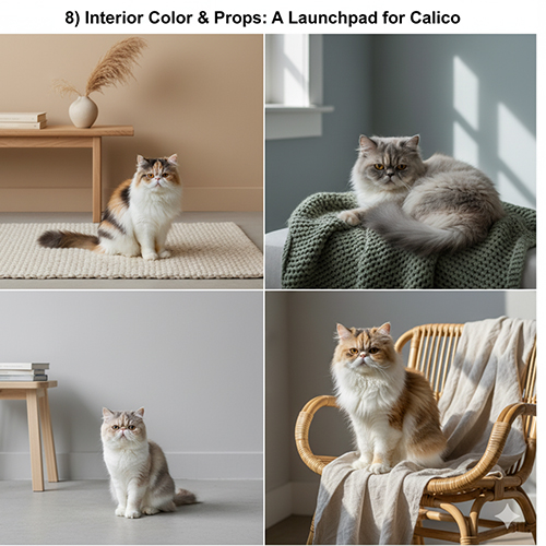 Mèo Ba Tư tam thể trong bốn bối cảnh nội thất với tone be, ghi, xanh ô liu và ghế mây