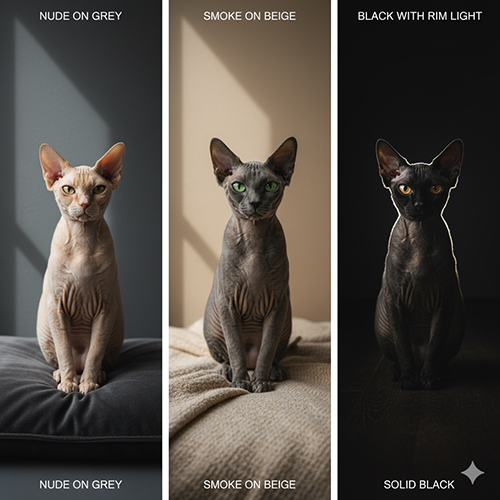 Ba mèo Sphynx với ba tone da nude, xám khói và đen trên các nền phù hợp
