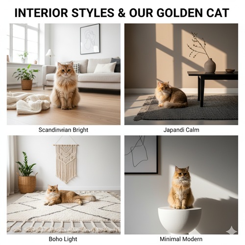 mèo golden trong bốn phong cách nội thất: Scandinavian sáng, Japandi trầm, Boho nhẹ và Minimal hiện đại