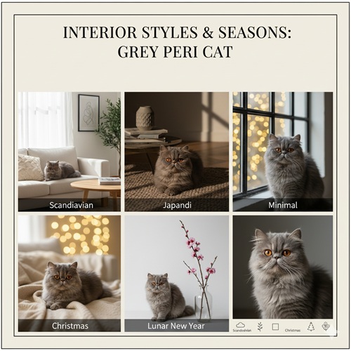 Bộ ảnh mèo Ba Tư xám trong các phong cách nội thất Scandinavian, Japandi, Minimal và set mùa Noel – Tết