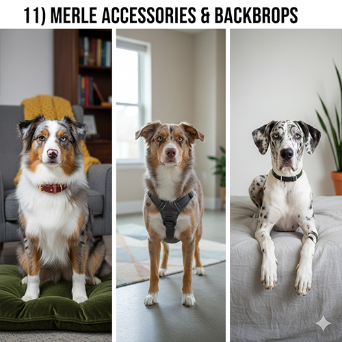 Chó merle phối phụ kiện và bối cảnh trung tính giúp làm nổi hoa văn loang