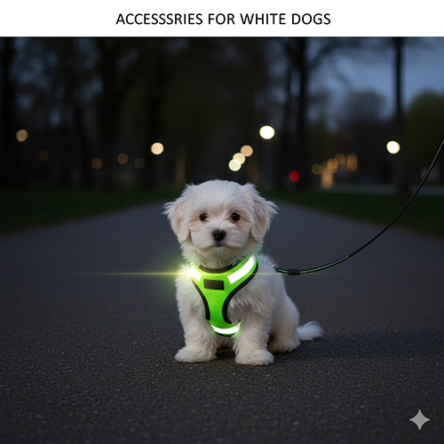 Chó trắng đeo phụ kiện màu nổi và phản quang, an toàn khi dạo tối