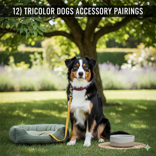 Chó tricolor đen vàng trắng phối phụ kiện vòng cổ và dây dắt hài hòa ngoài trời