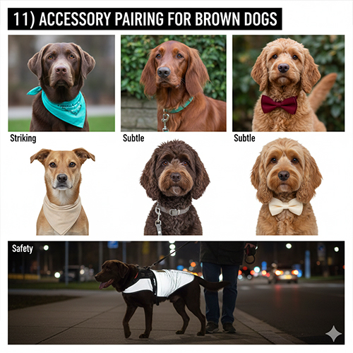 phối phụ kiện cho chó nâu với các màu xanh đỏ rượu be và phụ kiện phản quang