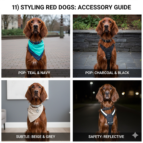 chó lông đỏ phối phụ kiện xanh đen be xám và phản quang hài hòa