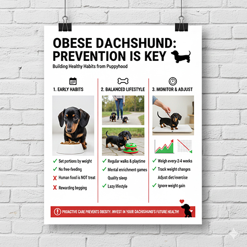 Infographic phòng ngừa chó Lạp xưởng béo phì từ nhỏ bằng thói quen ăn uống, vận động và cân định kỳ