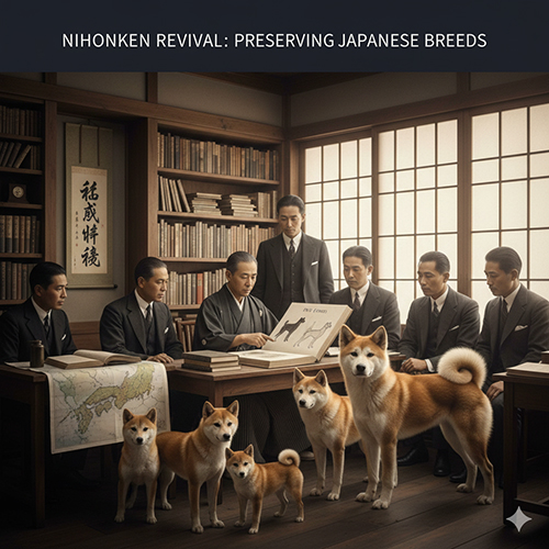Hình minh họa phong trào bảo tồn chó Nhật bản địa Nihonken với các nhà nghiên cứu ngồi họp cùng đàn Akita Inu trong phòng truyền thống