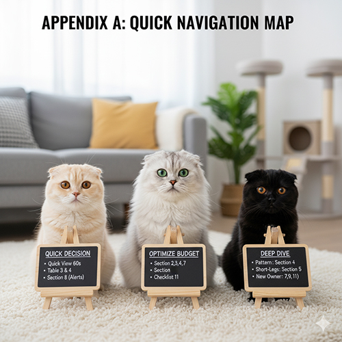 Ba mèo tai cụp Scottish Fold với bảng “Quick Decision”, “Optimize Budget” và “Deep Dive”, minh họa bản đồ đọc nhanh theo mục tiêu cho người xem.