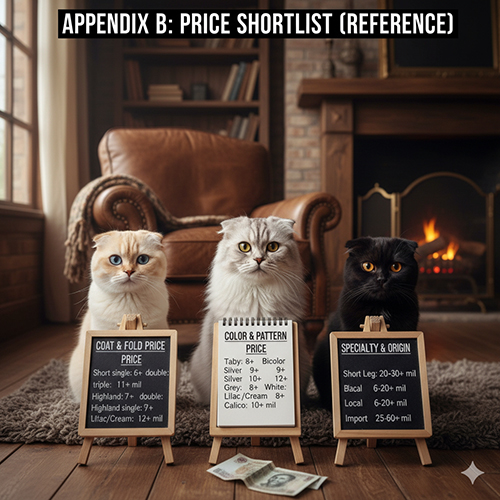 Ba mèo tai cụp Scottish Fold với bảng giá tóm tắt theo lông, màu và xuất xứ, minh họa phụ lục B về bảng giá tham khảo cận dưới.