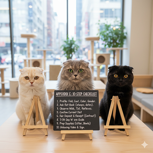 Ba mèo tai cụp Scottish Fold với bảng checklist 10 bước kiểm tra trước khi mua, minh họa phụ lục C hướng dẫn người mua in ra sử dụng.