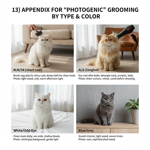 Bốn chú mèo Ba Tư lai với các kiểu coat và màu khác nhau được grooming và chụp trong nhiều concept