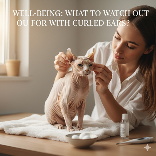 Người chăm sóc đang kiểm tra tai cho mèo không lông tai cong, minh họa các lưu ý phúc lợi.