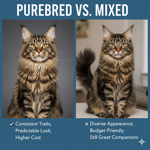 So sánh mèo Maine Coon thuần chủng và Maine Coon lai trong hai khung hình.