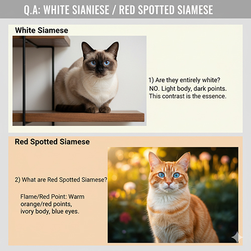 Hai chú mèo Xiêm minh họa cho phần hỏi đáp: một bé thân sáng point đậm (White Siamese) và một bé Flame point cam đỏ dưới nắng
