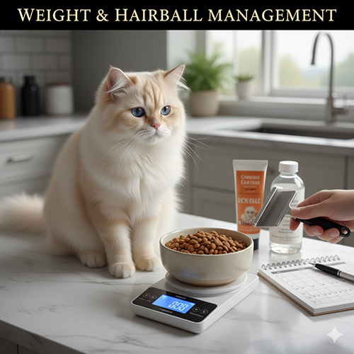 mèo Ba Tư ngồi trước bát hạt trên cân điện tử, cạnh lược chải và sổ theo dõi