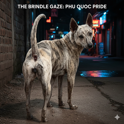 Chó Phú Quốc vện sáng đứng trong không gian đô thị ban đêm, ánh nhìn sắc và dáng cảnh giác