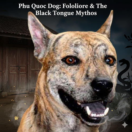 Chó Phú Quốc lông vện nhìn chính diện, để lộ rõ sắc tố đen trên lưỡi, phông nền gợi không khí dân gian và rừng núi