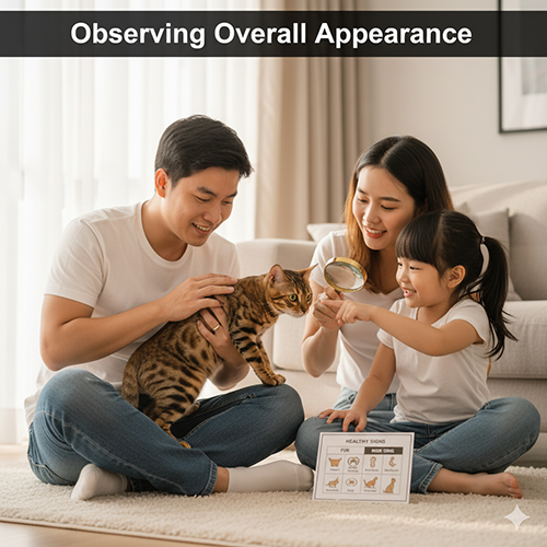 Gia đình quan sát mèo Bengal bằng kính lúp, đối chiếu bảng dấu hiệu sức khỏe tổng thể trong phòng khách