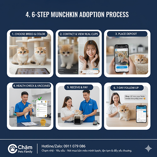 Infographic quy trình 6 bước mua mèo Munchkin: chọn giống màu, xem video thật, đặt cọc 30%, kiểm tra sức khỏe và sổ tiêm, nhận mèo và thanh toán, theo dõi 7 ngày đầu