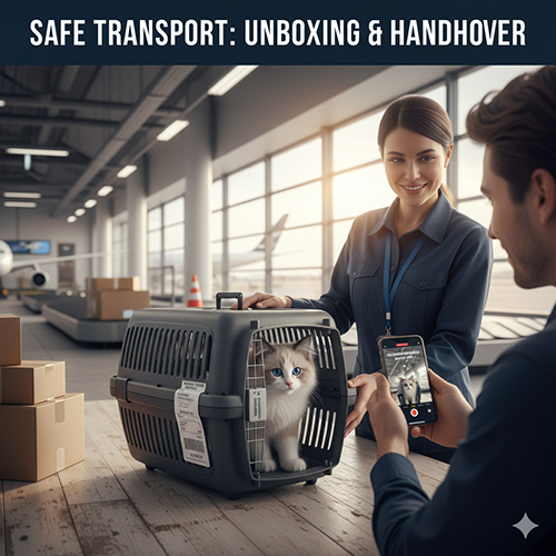 Nhân viên đang bàn giao mèo Ragdoll trong thùng vận chuyển tại sân bay, người nhận quay clip mở lồng để đảm bảo an toàn.