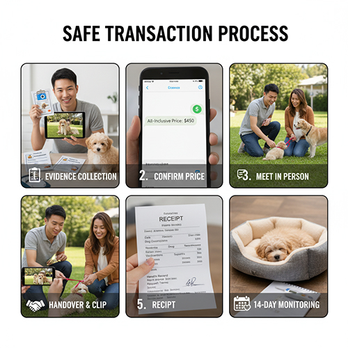 Quy trình giao dịch an toàn khi mua chó cỏ gồm 6 bước: thu thập bằng chứng, chốt giá trọn gói, gặp trực tiếp, bàn giao, ký biên nhận và theo dõi 14 ngày.