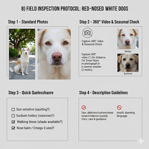 Quy trình kiểm tra thực địa cho chó trắng mũi đỏ: chụp ảnh bóng râm, chụp cận mắt–mũi, video 360°, đánh giá theo mùa, bảng câu hỏi nhanh và hướng dẫn mô tả