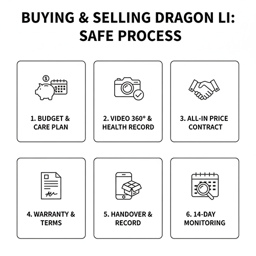 Sơ đồ quy trình mua bán mèo Dragon Li an toàn gồm ngân sách, video 360, hợp đồng và bảo hành