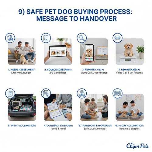 Quy trình mua chó cảnh an toàn từ bước nhắn tin kiểm tra đến vận chuyển và bàn giao