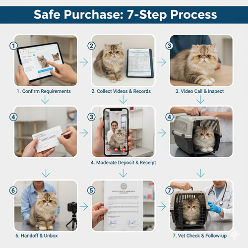 Quy trình mua mèo Ba Tư an toàn gồm 7 bước từ kiểm yêu cầu, xem video, video call, đặt cọc, ký bảo hành, giao nhận và khám thú y
