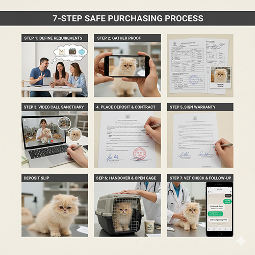 Quy trình mua mèo Ba Tư an toàn gồm 7 bước: chốt yêu cầu, thu thập bằng chứng, video call tại chuồng, đặt cọc và hợp đồng, ký bảo hành, bàn giao mở lồng và khám thú y sau nhận.