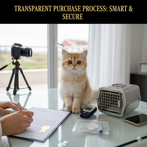 Mèo Ba Tư ngồi cạnh hợp đồng, máy đo chip và carrier, minh họa quy trình mua mèo thuần minh bạch.