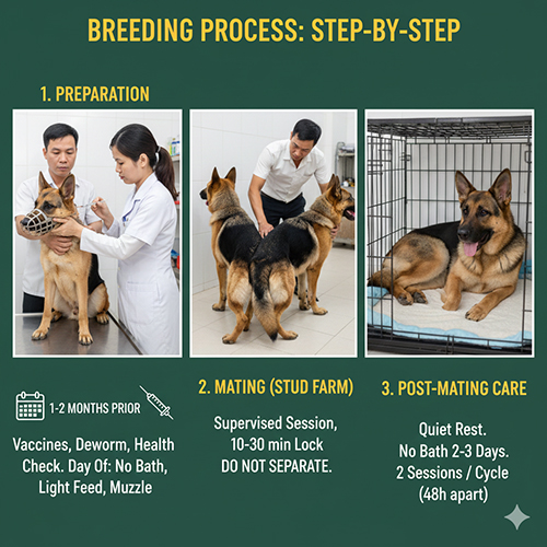 Ảnh minh họa quy trình phối giống chó Becgie gồm chuẩn bị trước phối, quá trình giao phối tại trại và chăm sóc sau phối.