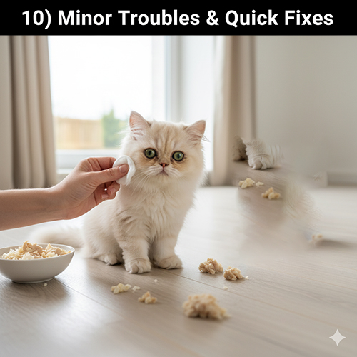 Mèo Ba Tư con được lau mặt sau khi làm rơi vãi thức ăn trên sàn, minh họa các rắc rối nhỏ thường gặp