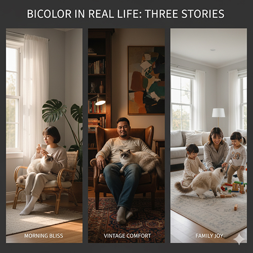 Ba bối cảnh đời sống thật với mèo Ragdoll bicolor: sáng sớm, không gian gỗ ấm và gia đình có trẻ nhỏ