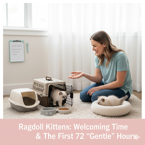 Hai bé mèo Ragdoll con vừa được mở cửa carrier khi mới về nhà, cạnh đó có khay cát và bát ăn uống – minh họa 72 giờ đầu cần chăm nhẹ.