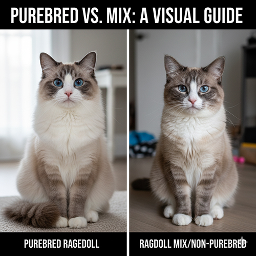So sánh mèo Ragdoll thuần chủng và mèo Ragdoll lai đặt cạnh nhau để thấy rõ khác biệt về mắt, pattern và form
