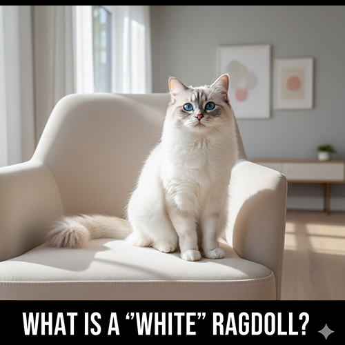 Mèo Ragdoll bicolor ngồi trên ghế sáng màu, ánh sáng tự nhiên, dùng minh họa cho khái niệm “Ragdoll trắng” và cách hiểu đúng về pattern.