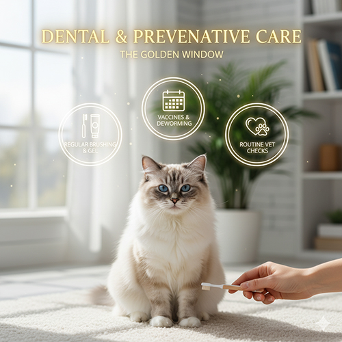 Mèo Ragdoll ngồi trong ánh sáng mềm, phía trước là tay người cầm dụng cụ chăm răng, kèm icon vaccine và kiểm tra định kỳ.