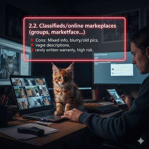 Ảnh minh họa rủi ro khi mua mèo Maine Coon qua rao vặt online như thông tin nhiễu, ảnh cũ mờ, mô tả mơ hồ và hiếm bảo hành.