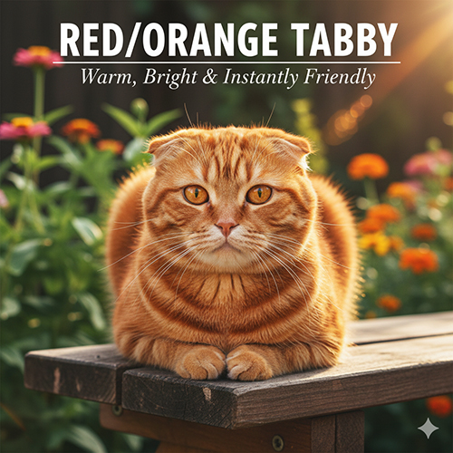 Mèo Scottish Fold red orange tabby lông cam rực, nằm trên bàn gỗ ngoài vườn đầy hoa nắng.