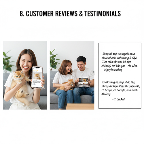 Hai khung ảnh khách hàng ôm mèo Munchkin và xem video trên điện thoại, kèm trích dẫn đánh giá về dịch vụ ký gửi, tìm người mua nhanh, giao mèo tận nơi và hợp đồng bảo hành minh bạch tại Chạm Pets Family