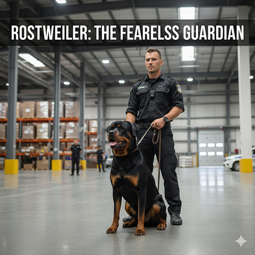 Chó Rottweiler to lớn đứng cạnh huấn luyện viên trong nhà kho, thể hiện vẻ mạnh mẽ và cảnh giác cao độ.