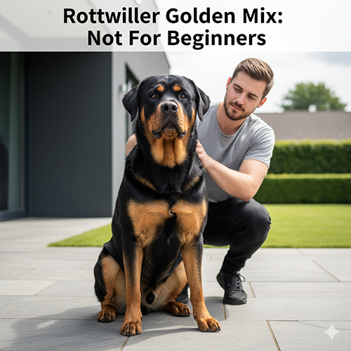 Chó Rottweiler lai Golden to lớn ngồi cạnh chủ ngoài sân nhà, minh họa cho bài viết về dòng chó lai mạnh mẽ nhưng không phù hợp với người mới nuôi