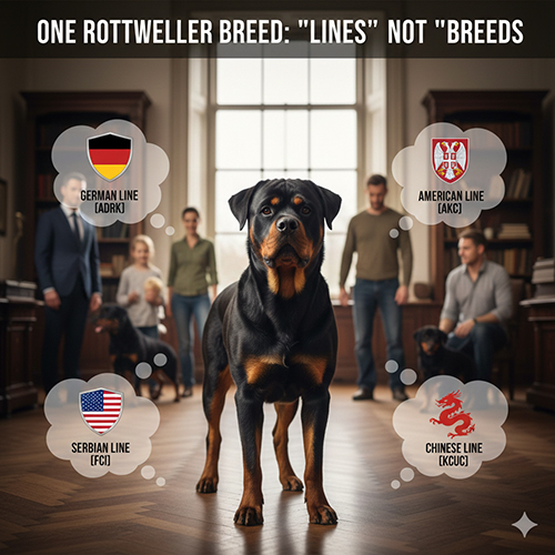 Chó Rottweiler thuộc một giống duy nhất, phân biệt theo hệ phái Đức, Mỹ, Serbia và Trung Quốc